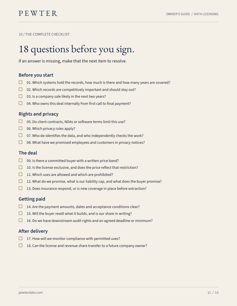 Guide page with the 18-question checklist to run before signing